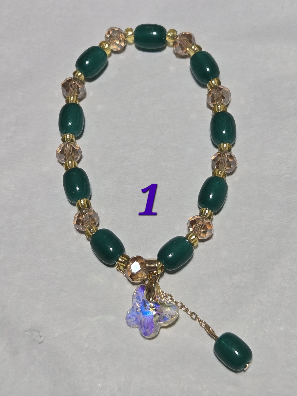 8mm Emerald Green Beaded Bracelet with Crystal Flower Charm- For 1